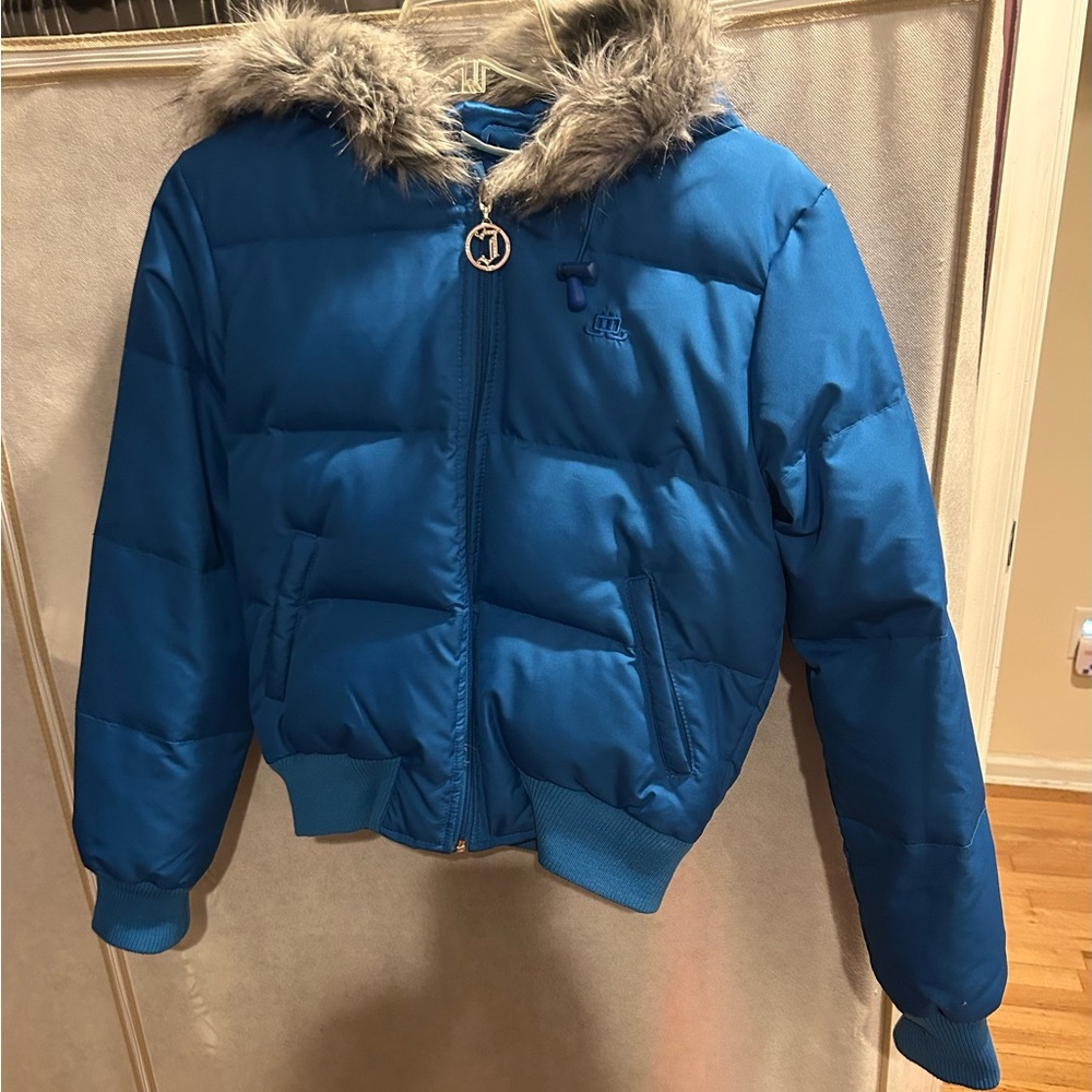 Jennifer Lopez Blue Puffer Jacket with Faux Fur Trim